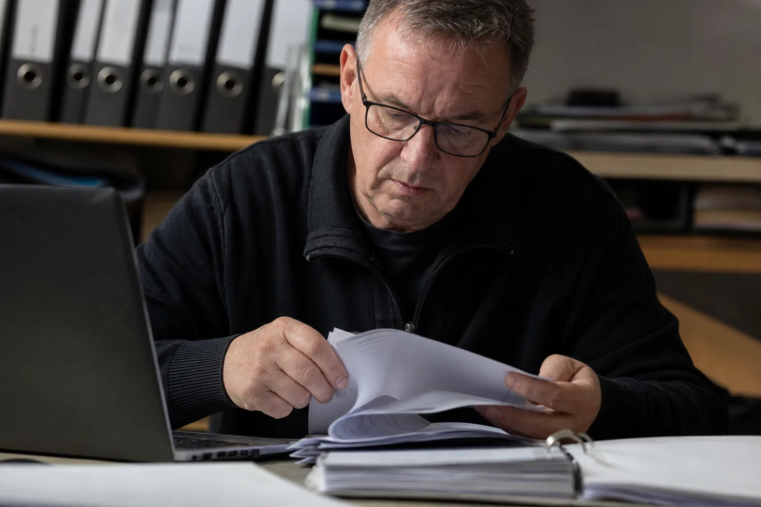 Kassenwart prüft Gesetzesunterlagen und Finanzordner im Vereinsbüro
