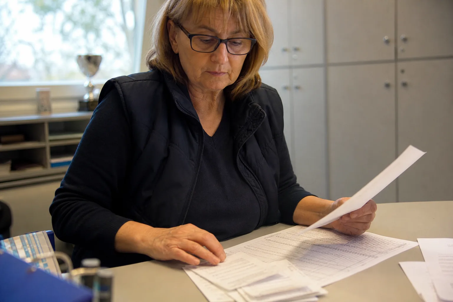Kassenwartin prüft Unterlagen zu Trainervergütungen an einem Schreibtisch