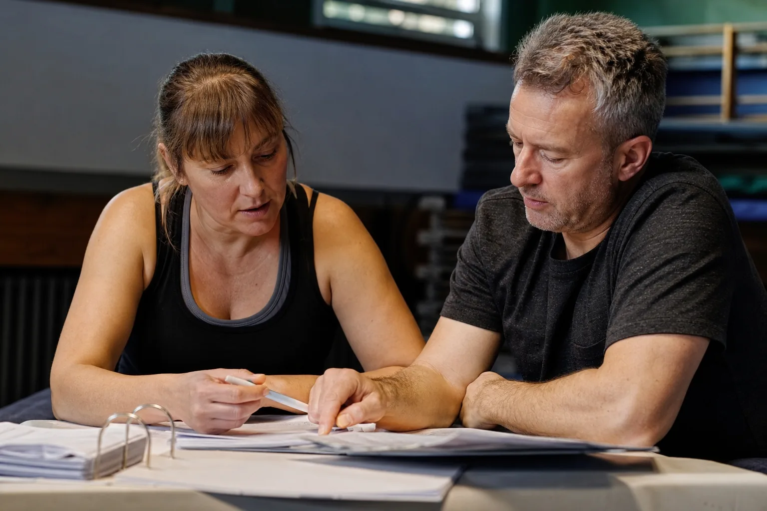 Trainerin und Kassenwart besprechen Vergütung und Trainingszeiten in einer Sporthalle